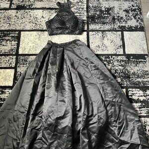 Black Two-Piece Formal Dress | Pearl Crop Top & Long Skirt